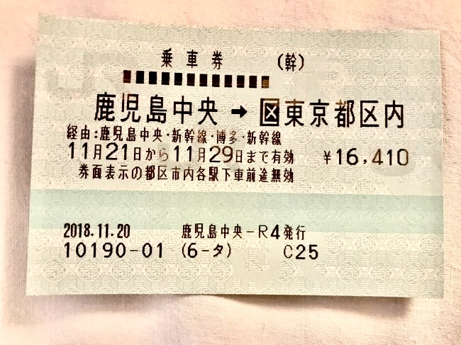 鹿児島中央から東京の乗車券